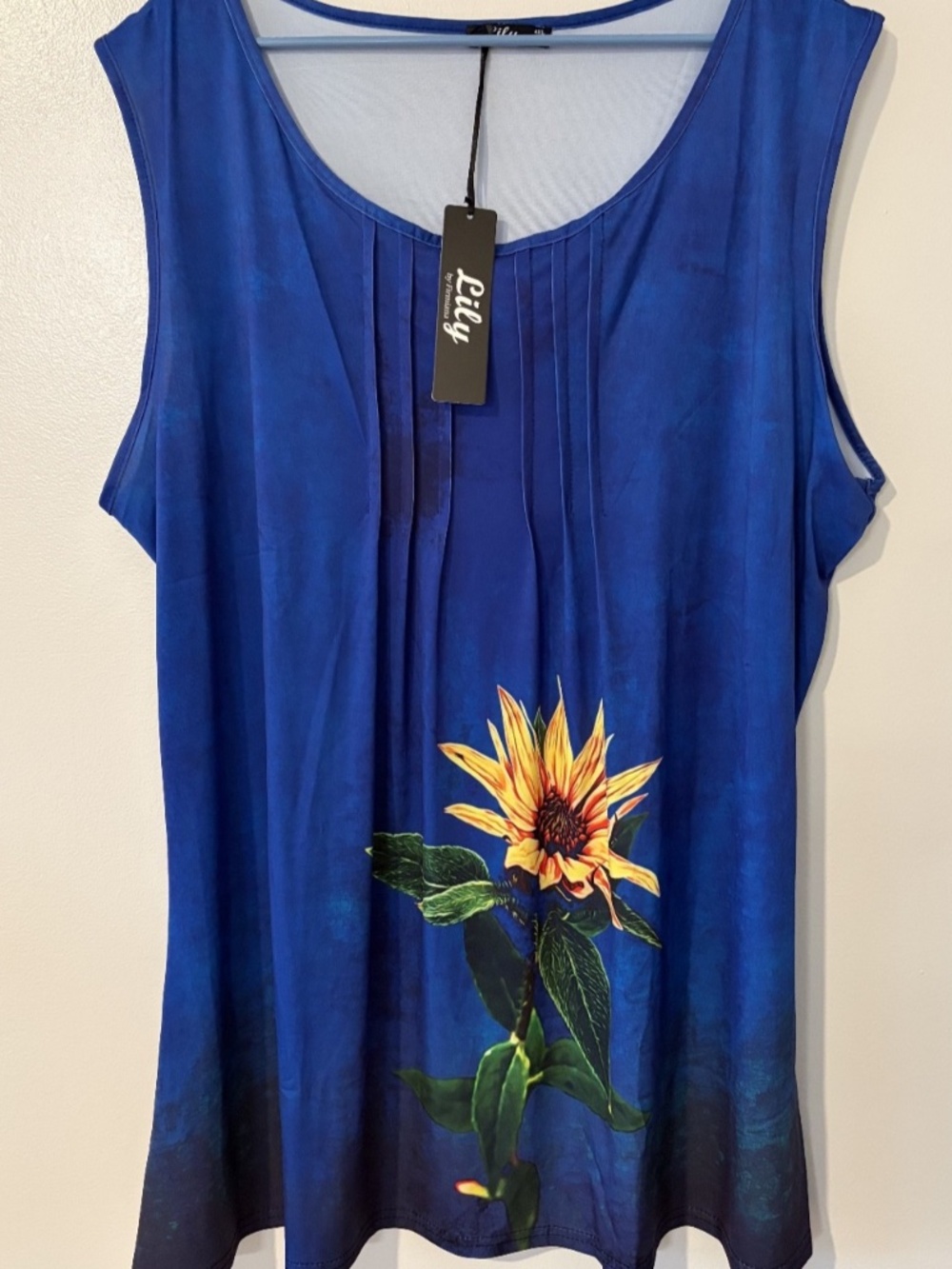 NWT Lily by Firmiana Women's 4XL Blue Yellow Sunflower Tunic Sleeveless Pleated